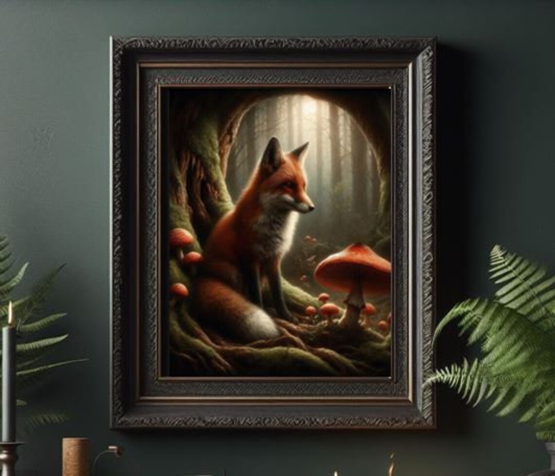 Red Fox Among Mushrooms In A Dark Fantasy Forest Painting Print