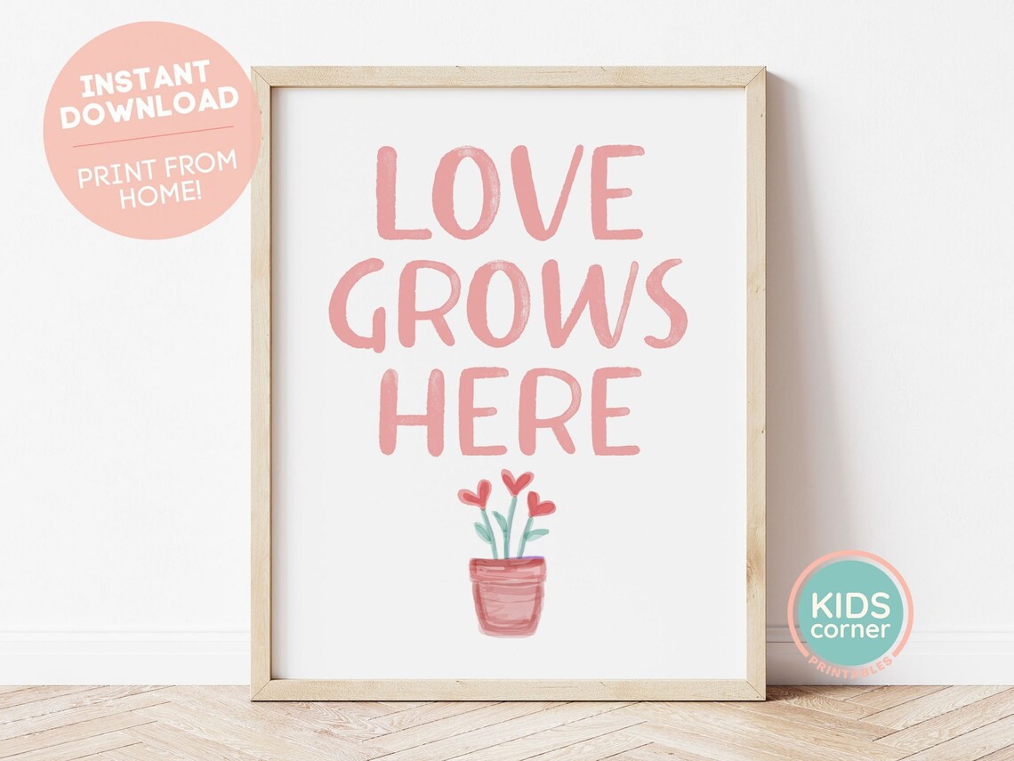 Love Grows Here Pink Quote Poster with Potted Heart Flowers Decor