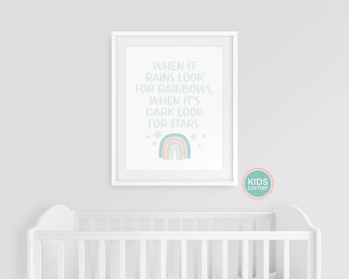 When It Rains Look For Rainbows Kids Mint Nursery Quote Poster - Image 3
