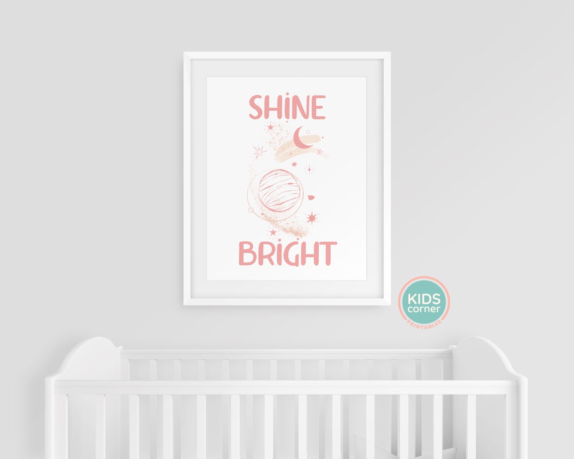 Shine Bright Blush Pink Planet Moon Stars Space Nursery Poster - Image 3