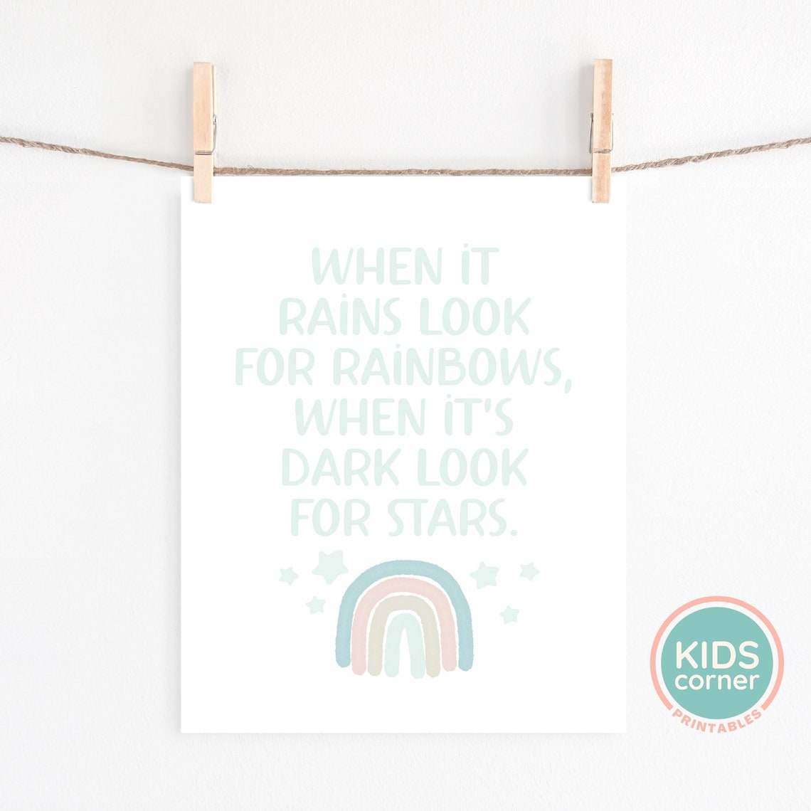 When It Rains Look For Rainbows Kids Mint Nursery Quote Poster - Image 2
