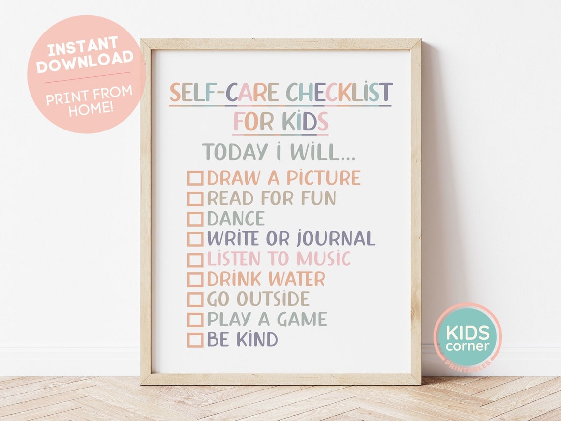 Self Care Checklist for Kids Rainbow Wellness Routine Poster