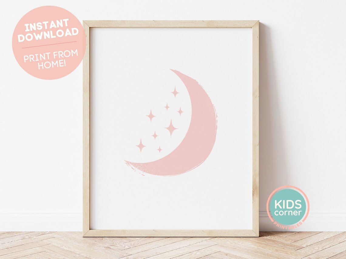Pink Watercolor Moon And Stars Night Sky Kids Nursery Poster