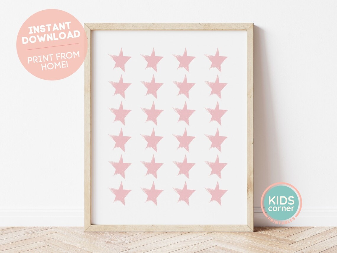 Blush Pink Watercolor Stars Pattern Kids Nursery Wall Art Decor