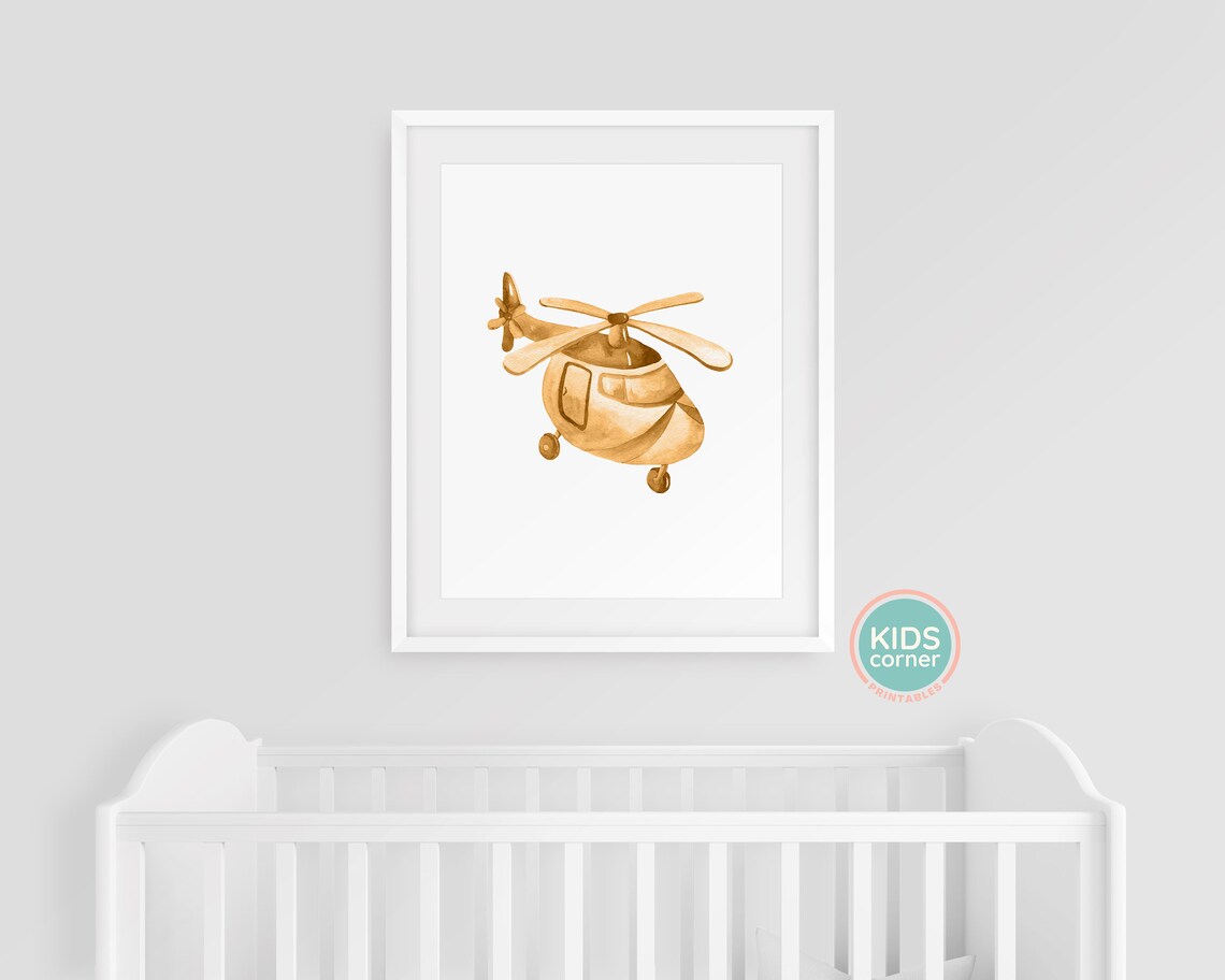 Brown Watercolor Helicopter Kids Room Aviation Nursery Art Poster - Image 3