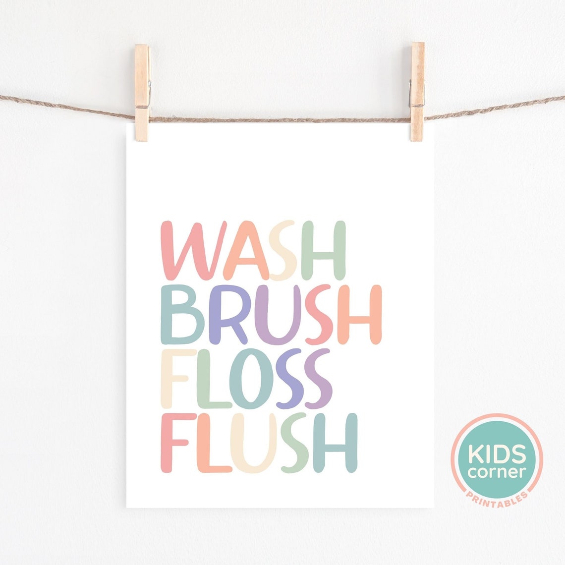 Wash Brush Floss Flush Pastel Letters Kids Bathroom Habit Poster - Image 2