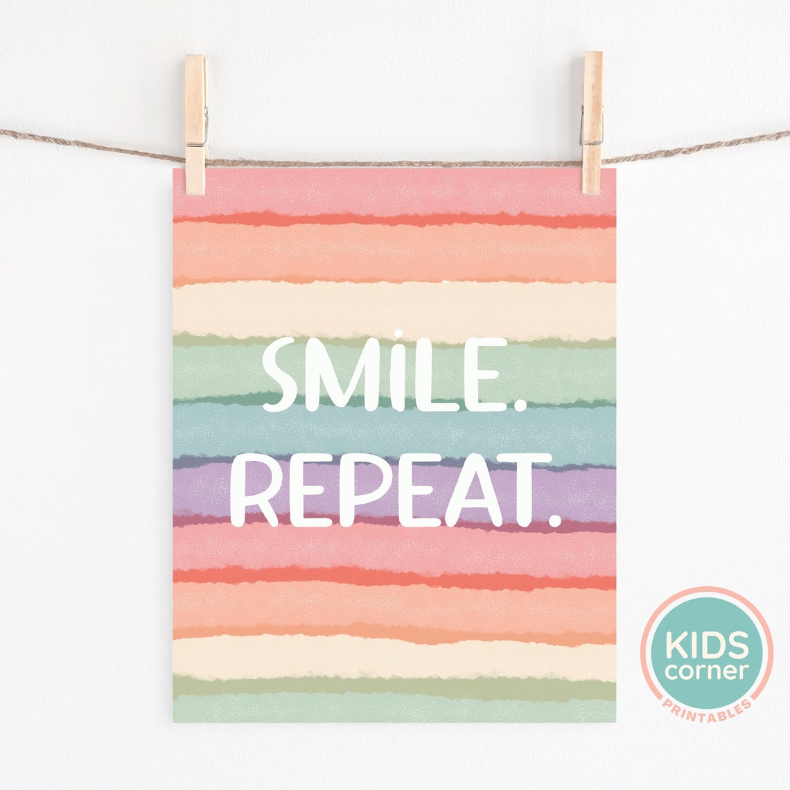 Smile Repeat White Lettering Rainbow Watercolor Stripe Art Poster - Image 3