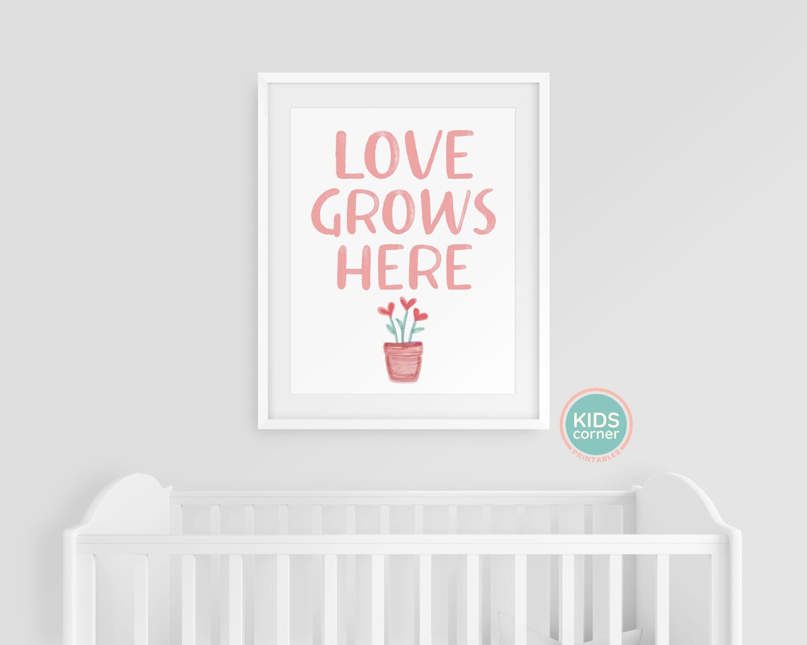 Love Grows Here Pink Quote Poster with Potted Heart Flowers Decor - Image 3