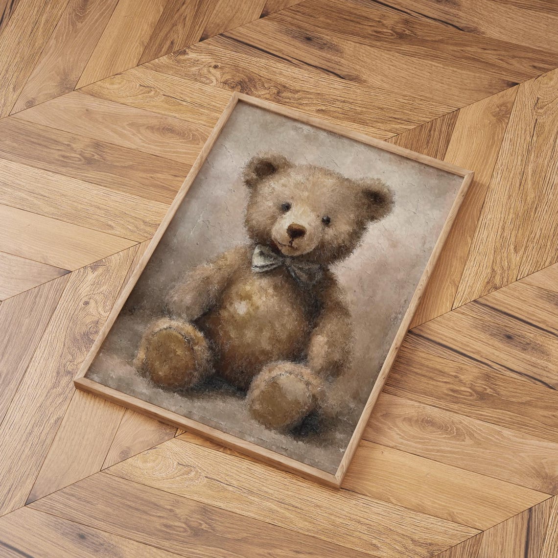 Cute Vintage Teddy Bear With Bow Tie Nursery Painting Poster