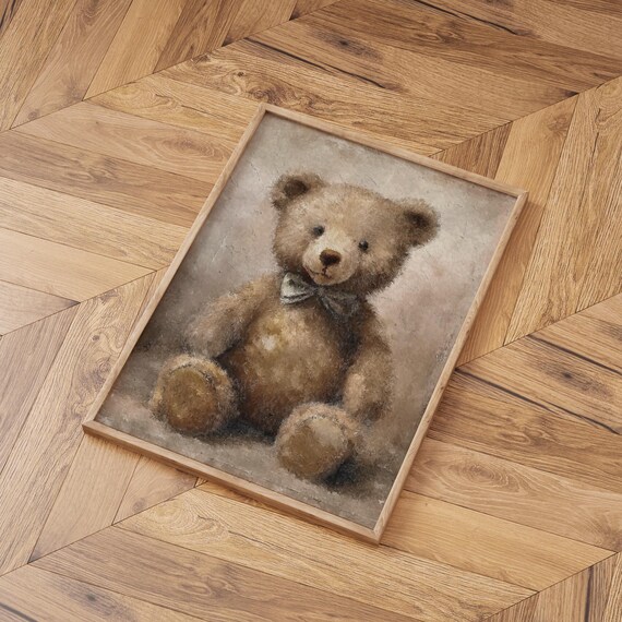 Cute Vintage Teddy Bear With Bow Tie Nursery Painting Poster