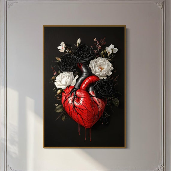 Anatomical Heart With Roses Bold Gothic Black White Rose Art Print Mystical Dark Botanical Decor Perfect Above Bed Or Couch