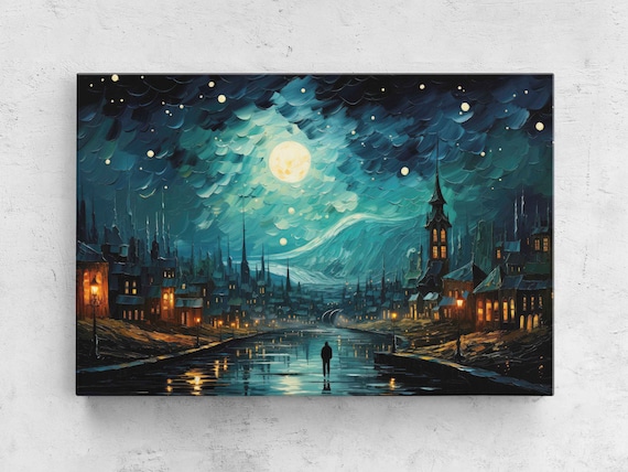Moonlit Old Town Canal Night Van Gogh Inspired Gothic Painting Art Poster