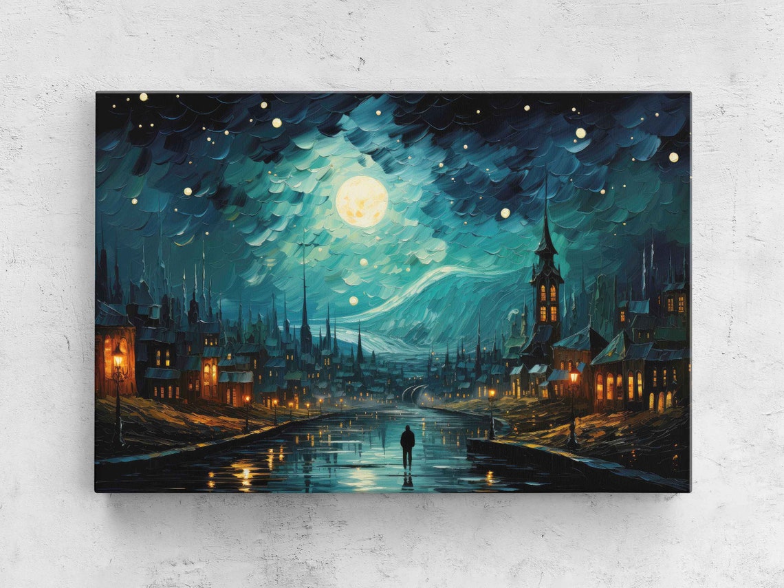 Spooky Moonlit Village Van Gogh Inspired Impressionist Painting Framed Print Ready To Hang