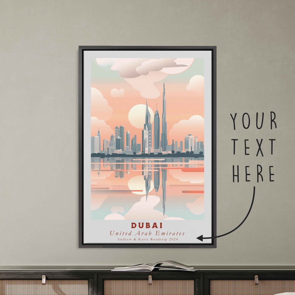 Dubai UAE Burj Khalifa Skyline Water Reflection Sunset Travel Poster - Image 3
