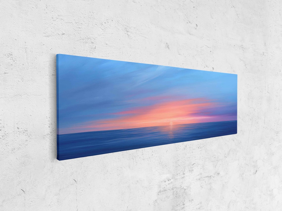 Serene Ocean Sunset Calm Blue Water Pink Sky Panoramic Wall Art - Image 4