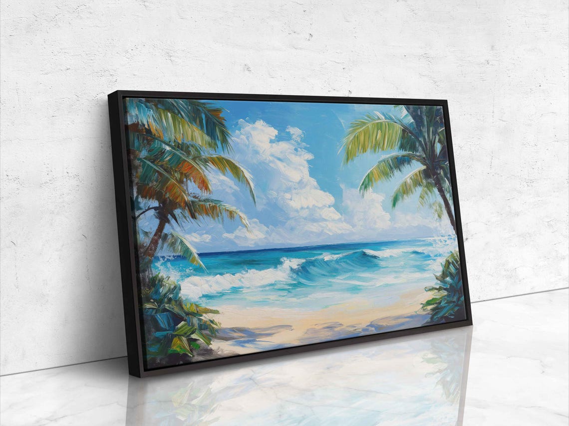 Palm Framed Ocean Waves Sandy Beach Blue Sky Tropical View Art Poster - Image 4