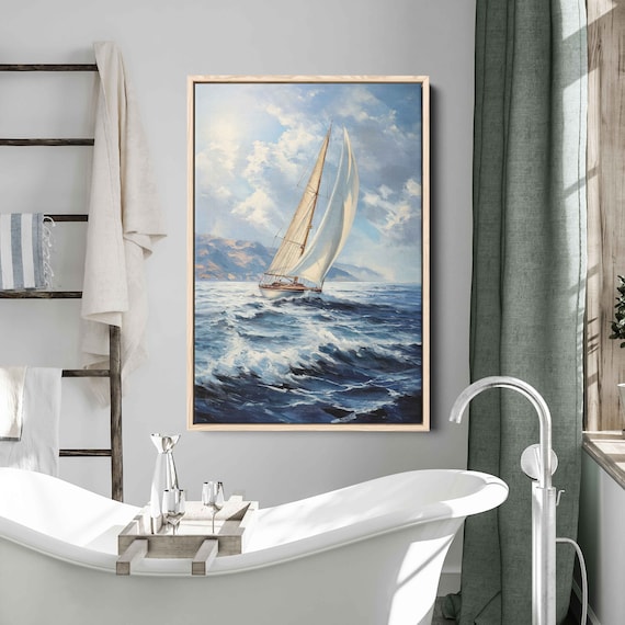 Sailboat Cutting Deep Blue Waves Sunlit Clouds Ocean Sailing Poster