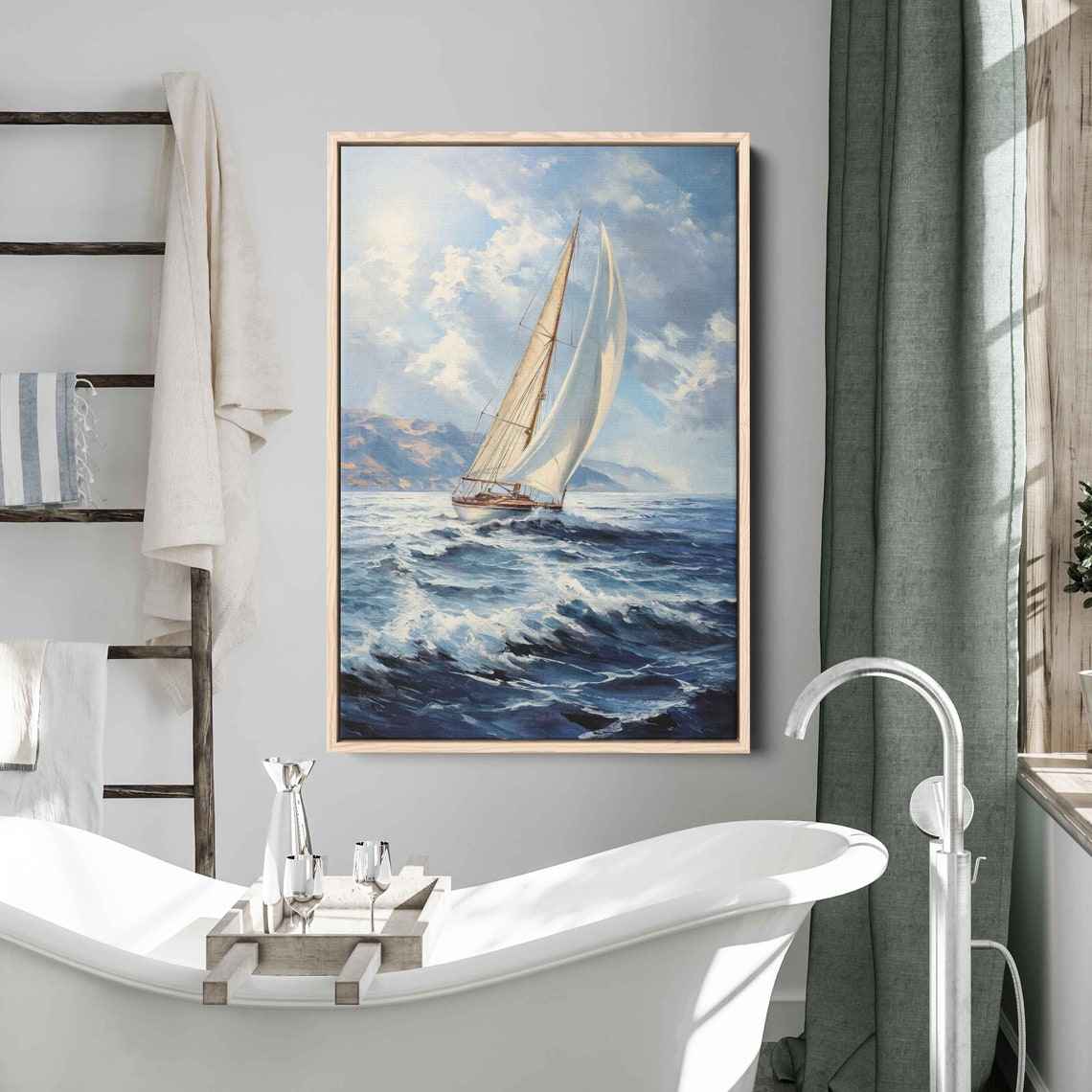 Sailboat Cutting Deep Blue Waves Sunlit Clouds Ocean Sailing Poster