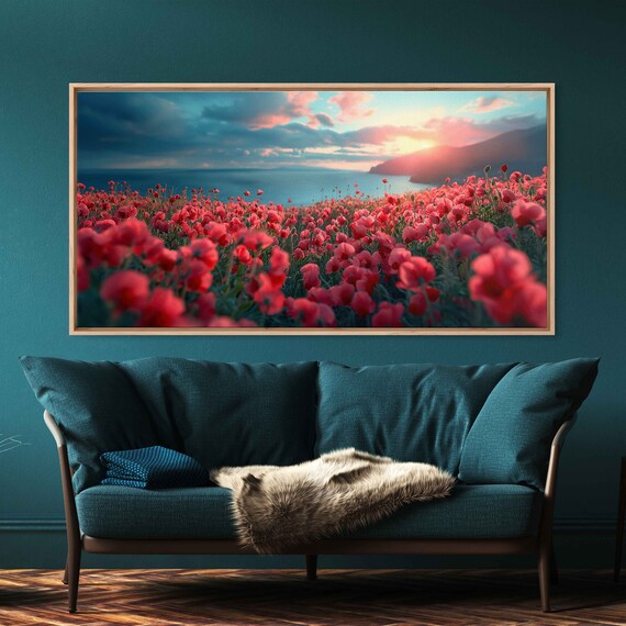 Red Poppy Field Sunset Ocean Backdrop Panoramic Floral Landscape Poster