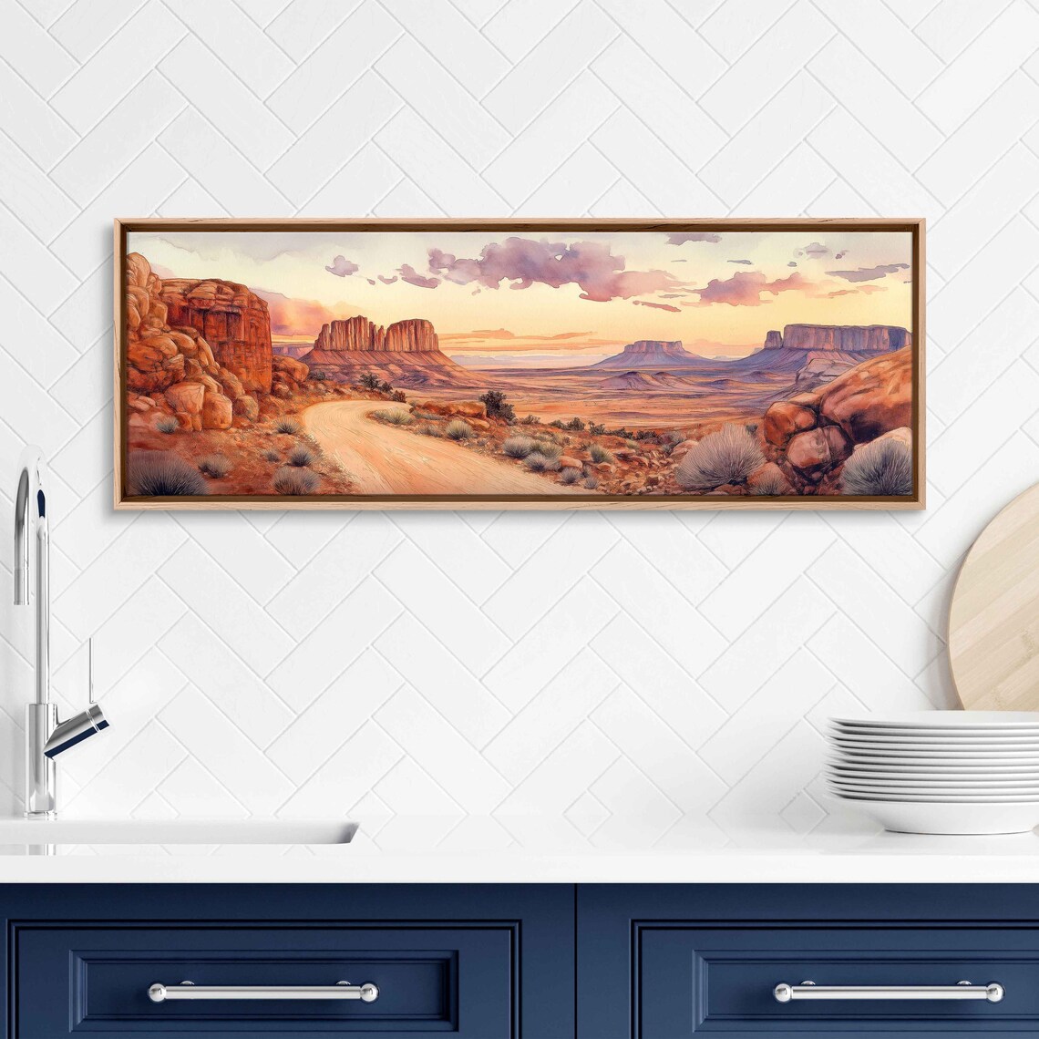 Winding Desert Road Red Rock Mesas Sunrise Watercolor Travel Poster