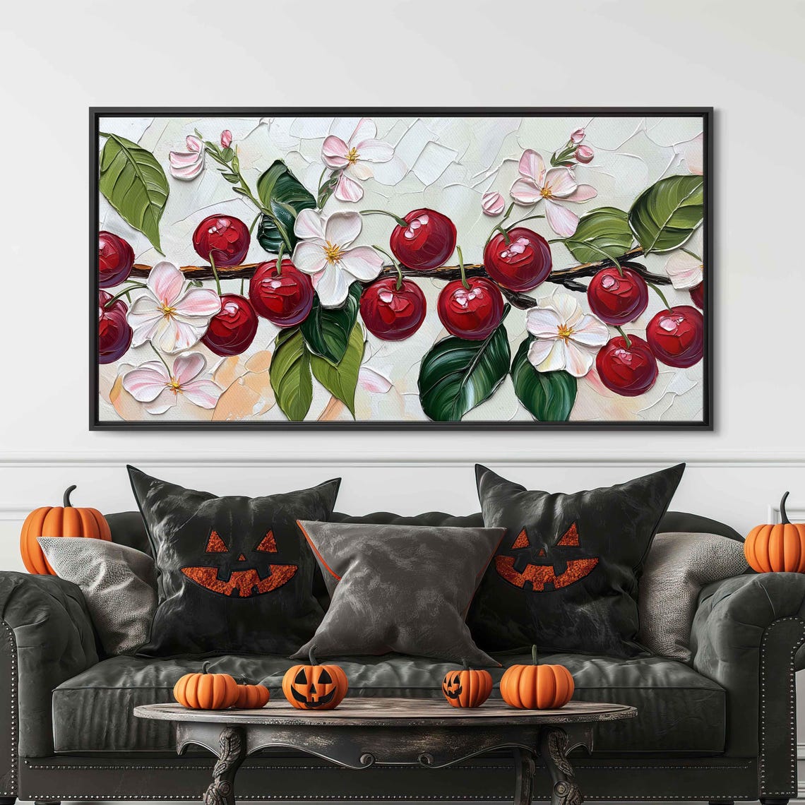 Glossy Red Cherries And Cherry Blossoms On Leafy Branch Art Poster - Image 3