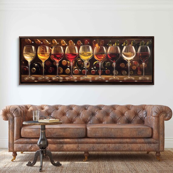 Wine Glasses Row Bottles Behind Warm Tones Panoramic Painting Wall Poster