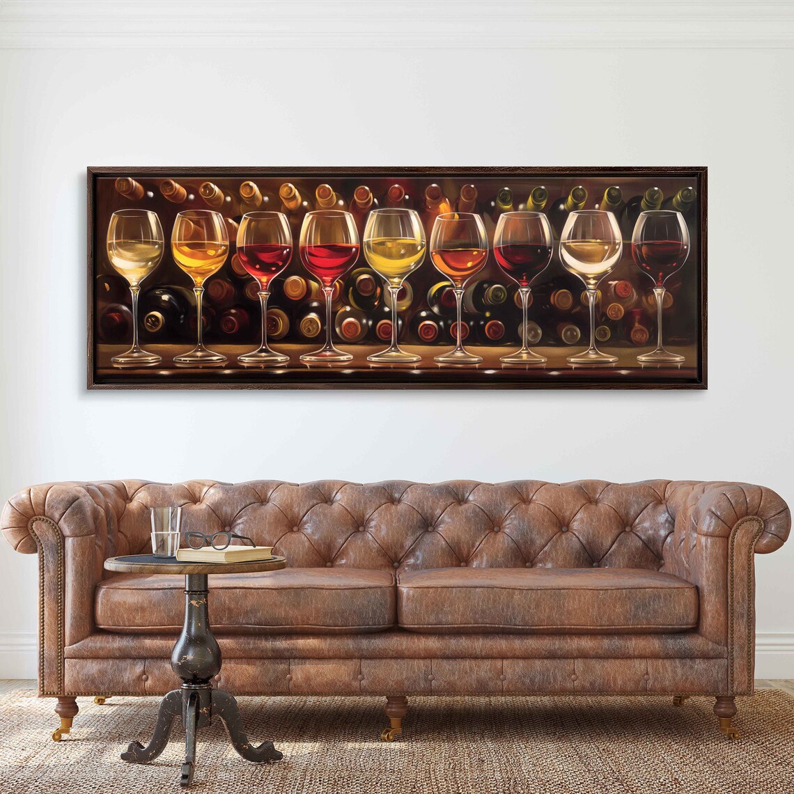 Wine Glasses Row Bottles Behind Warm Tones Panoramic Painting Wall Poster