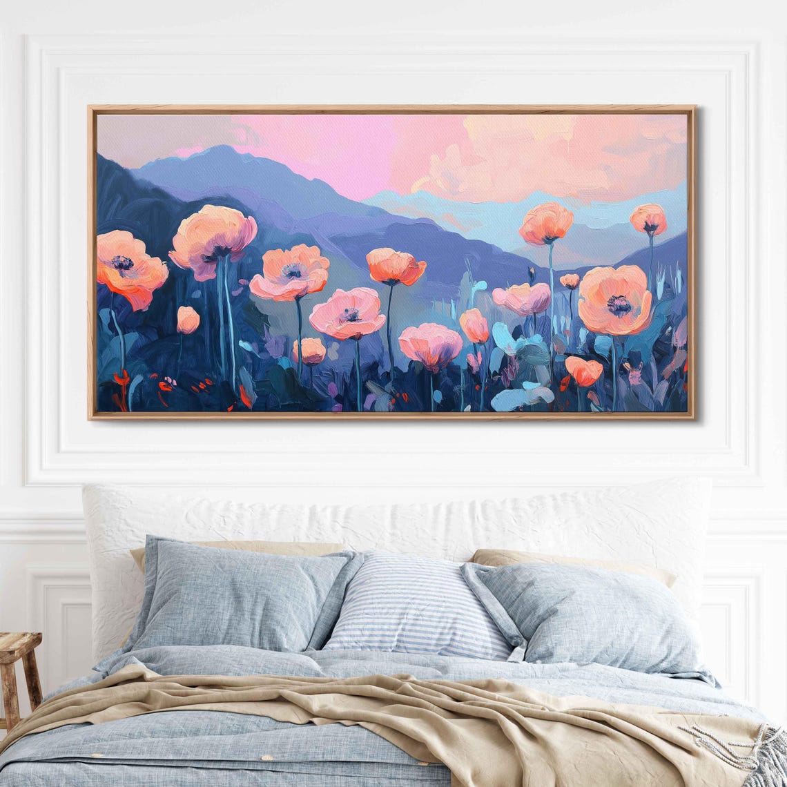 Oversized Pink Blossoms Before Blue Mountains At Dusk Art Poster