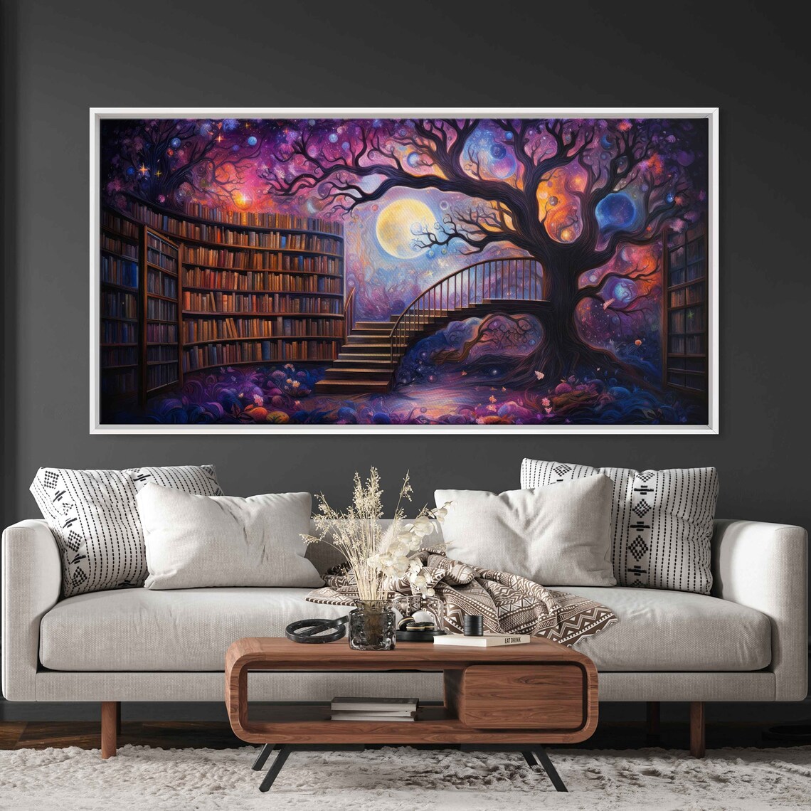 Magical Tree Of Knowledge Cosmic Moonlight Fantasy Library Wall Art Print - Image 3