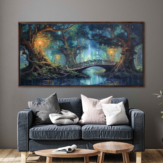 Enchanted Lantern Forest Winding Bridges Magical Pond Fantasy Art Wall Art Print Ready To Hang Panoramic Painting