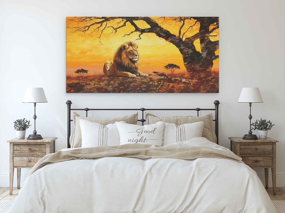 Lion Lying Under Tree Fiery Sunset Sky African Savanna Wildlife Art Poster - Image 3
