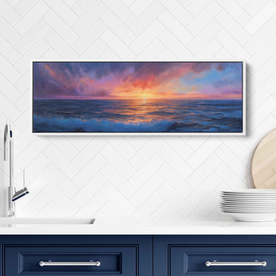 Ocean Sunset Panoramic Purple Pink Sky Waves Seascape Art Poster - Image 2