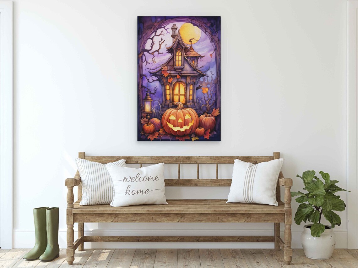 Halloween Haunted House Jack O Lantern Purple Moonlit Night Watercolor Poster - Image 3