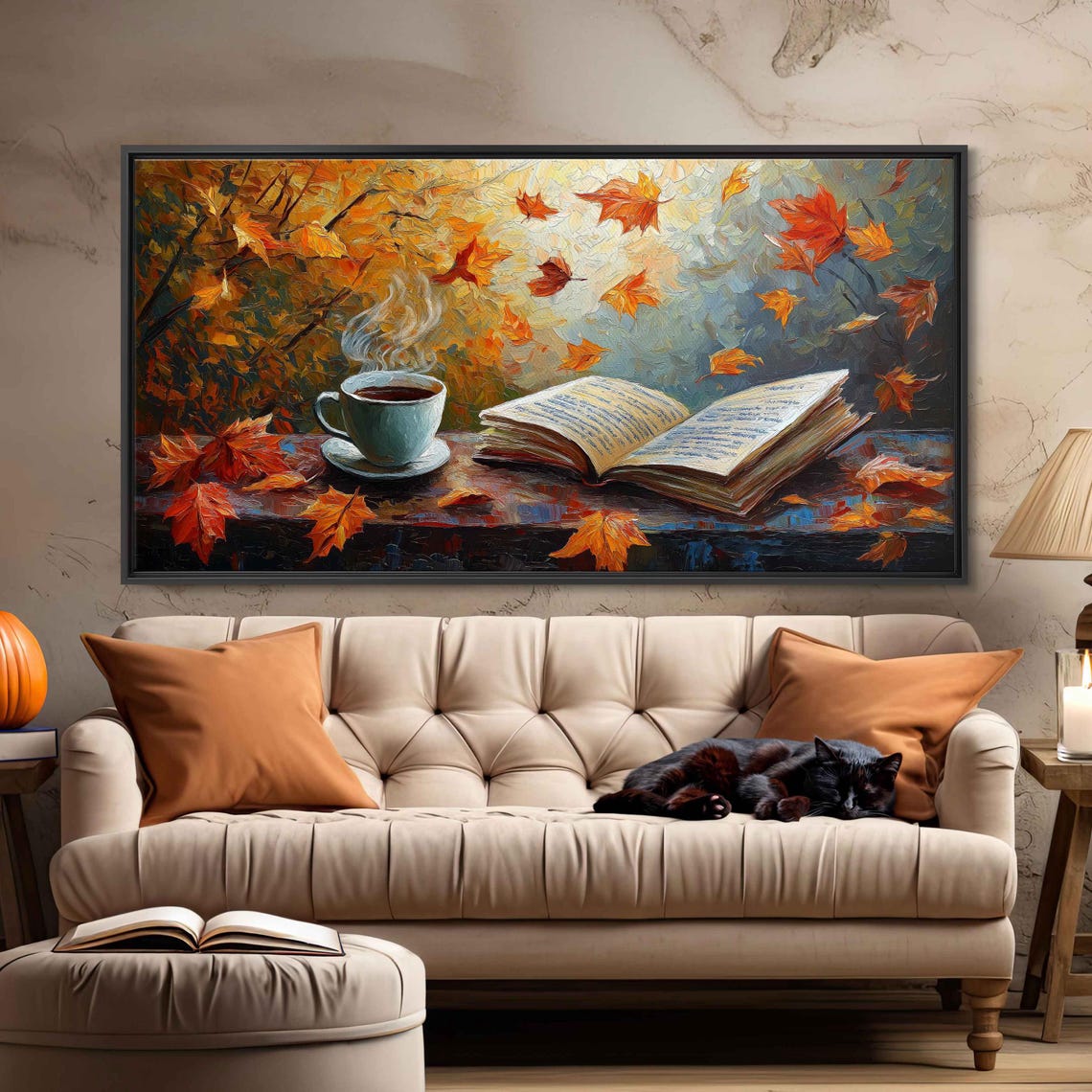 Steaming Coffee And Open Book Amid Falling Maple Leaves Painting - Image 3