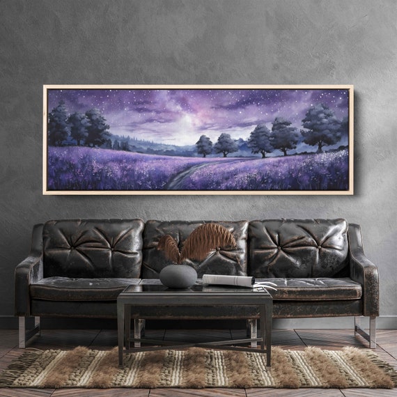 Lavender Field Starry Night Sky Panoramic Painting Reproduction Print Ready To Hang Living Room Wall Art