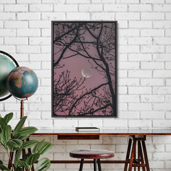 Crescent Moon Shown Through Tree Branches Wall Art Print Vibrant Pink Sky Nature Painting Ready To Hang