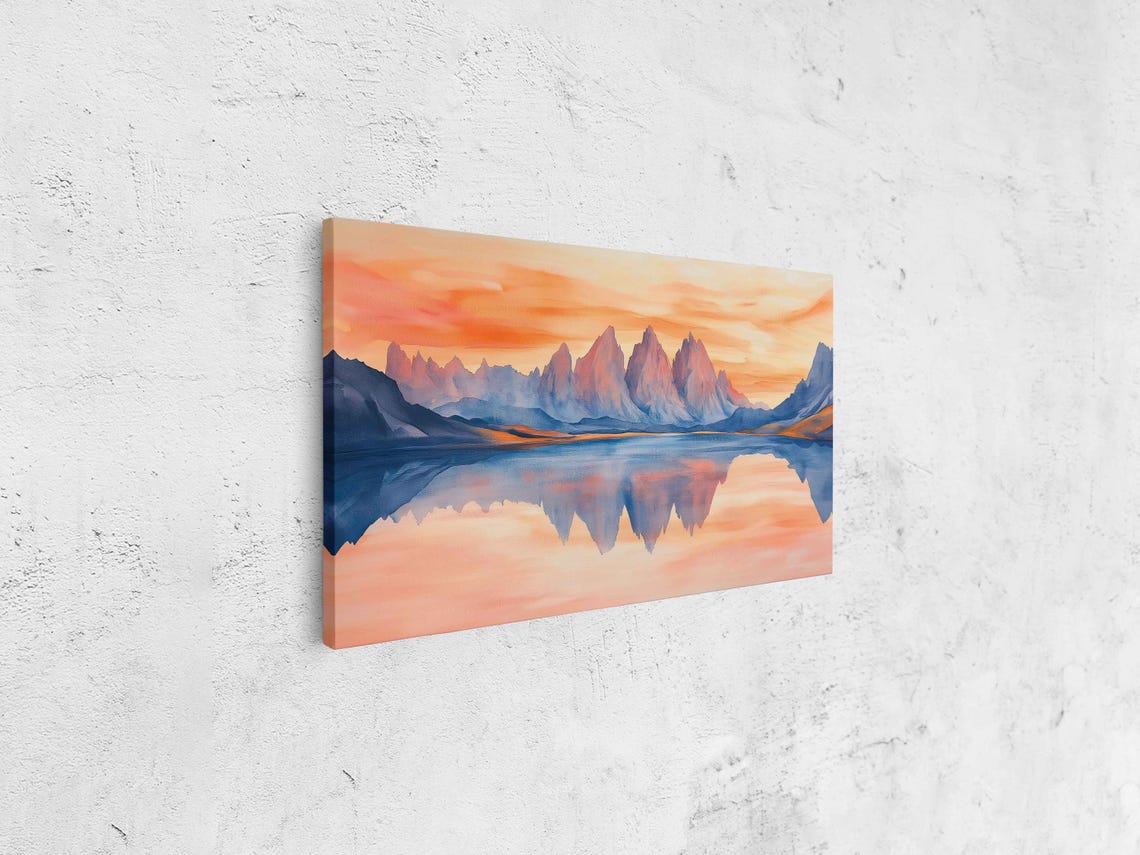 Scenic Dolomites Watercolor Wall Art Print Dawn Reflection Pink And Orange Sky - Image 4