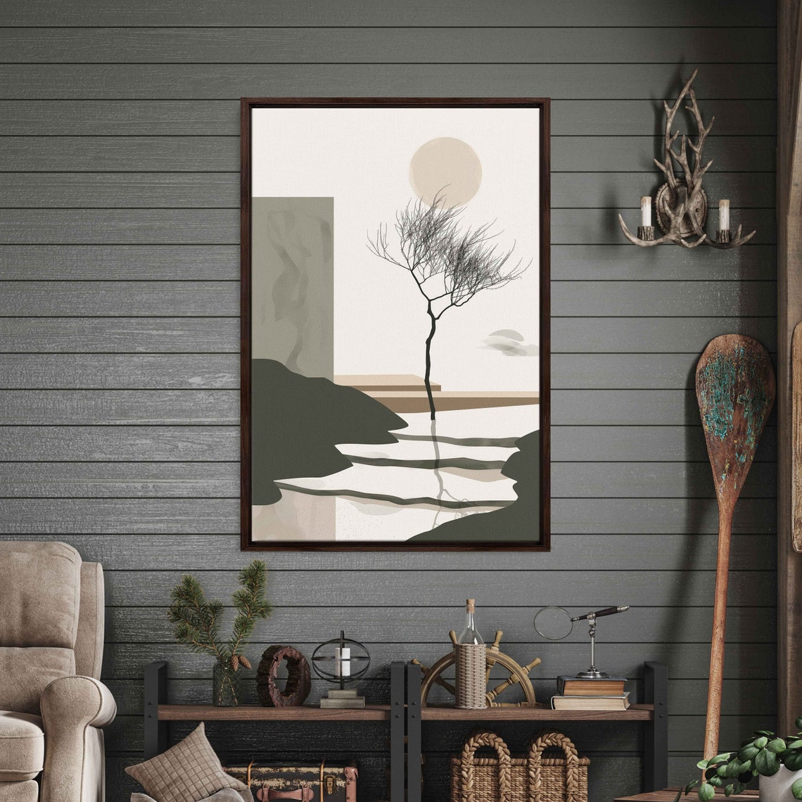 Minimalist Zen Garden Full Moon Lone Tree Flowing Water Wall Art - Image 3