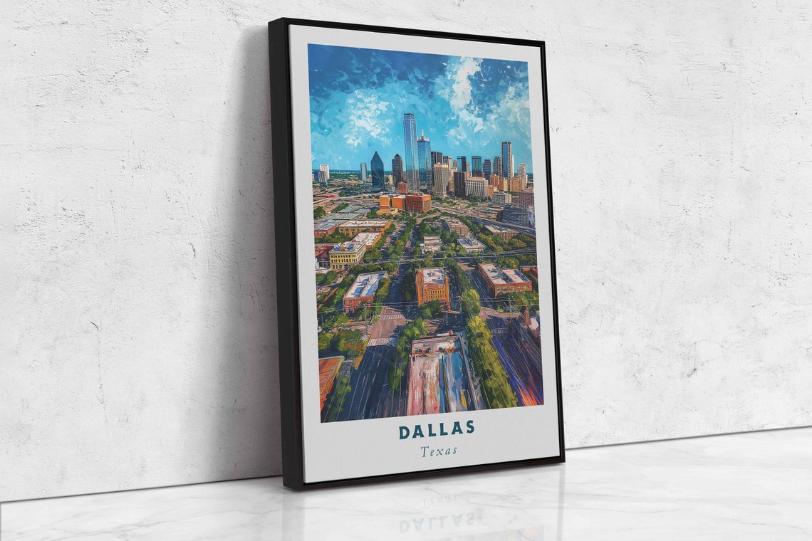 Dallas Texas Downtown Skyline Bright Blue Sky Cityscape Travel Poster - Image 2