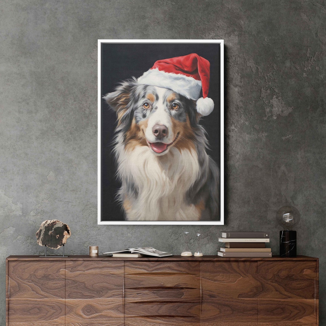 Australian Shepherd Santa Hat Smiling Christmas Portrait Poster - Image 3