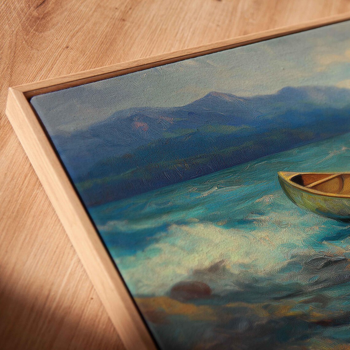 Lone Canoe On Lively Lake Wall Art Print Dynamic Oil Painting Mountain View - Image 2