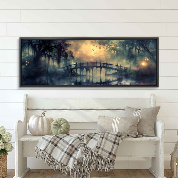 Creaky Old Wooden Bridge Spanning Over Misty Swamp Wall Art Print Moonlit Enchanted Foggy Marsh Flying Bats Ready To Hang