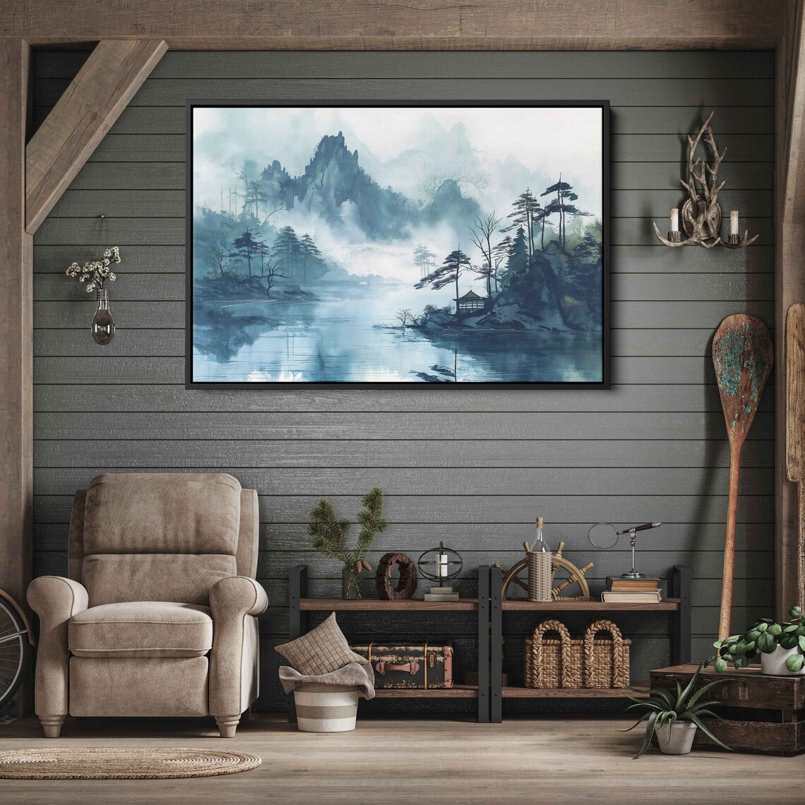 Japanese Ink Wash Mountain Lake Misty Pines Serene Asian Landscape Print - Image 2