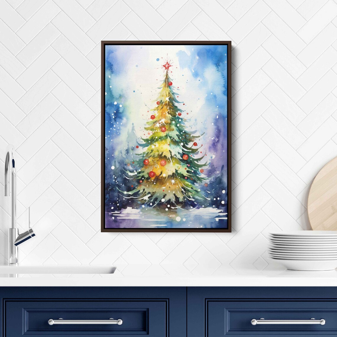 Snowy Watercolor Christmas Tree Red Ornaments Starry Sky Poster - Image 4