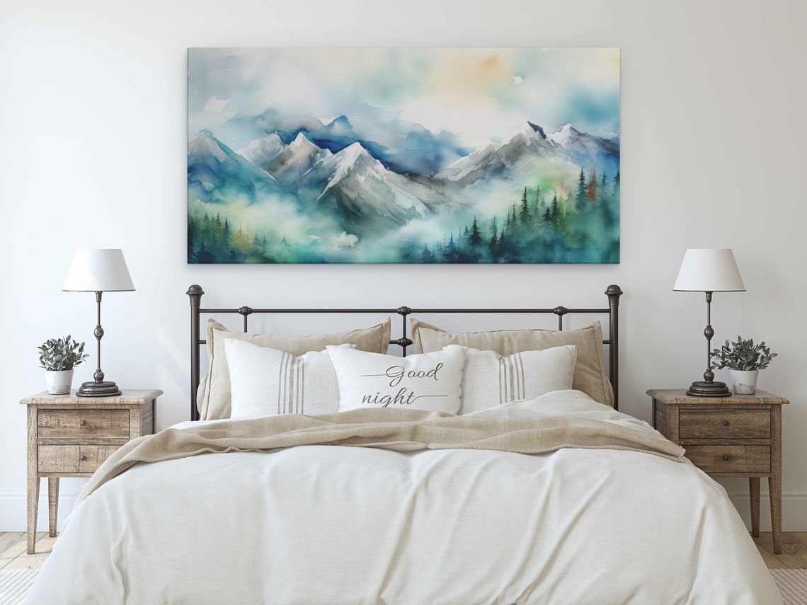 Foggy Blue Green Mountains Forest Watercolor Landscape Art Poster - Image 2