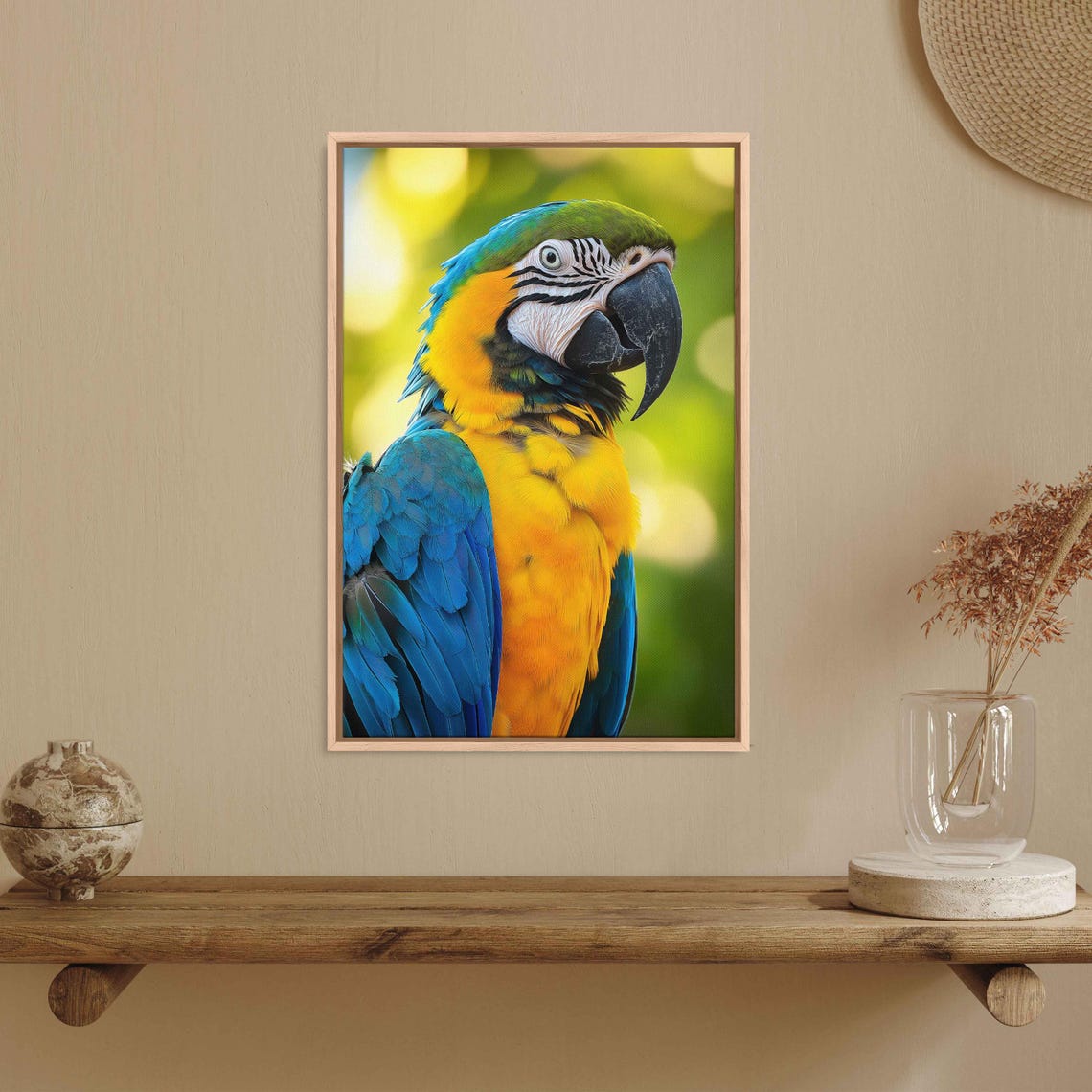 Blue And Gold Macaw Portrait Golden Bokeh Tropical Parrot Poster