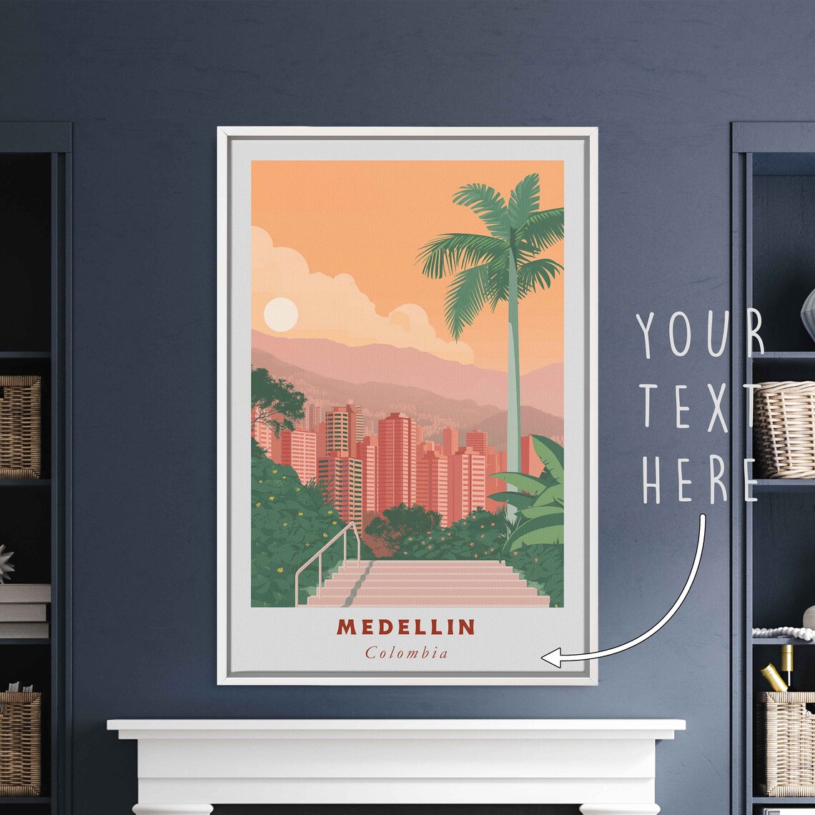 Medellin Colombia Hillside Stairs Skyline Sunset Travel Poster