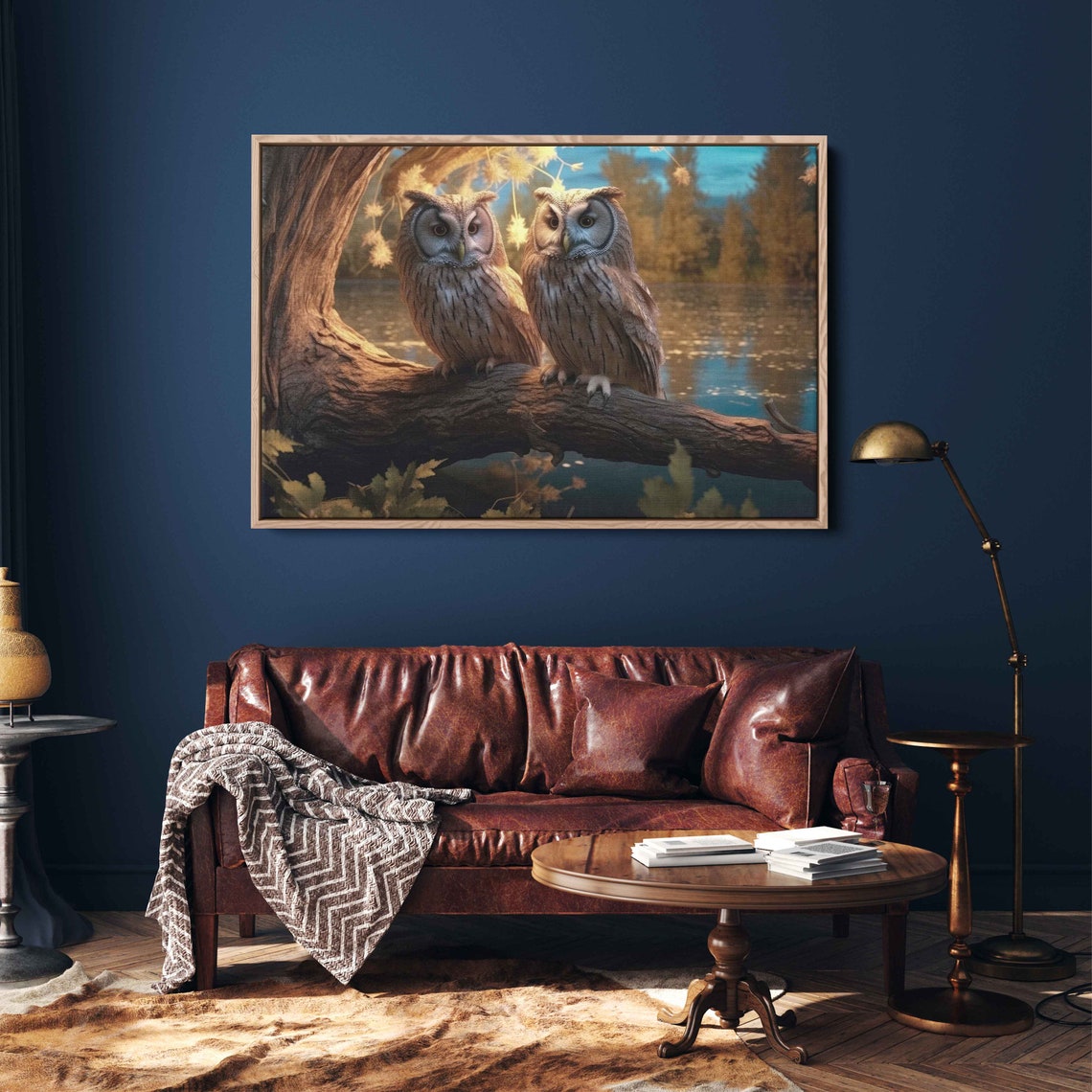 Two Whimsical Owls Perched On Branch By The Lake At Dusk Art Print - Image 2