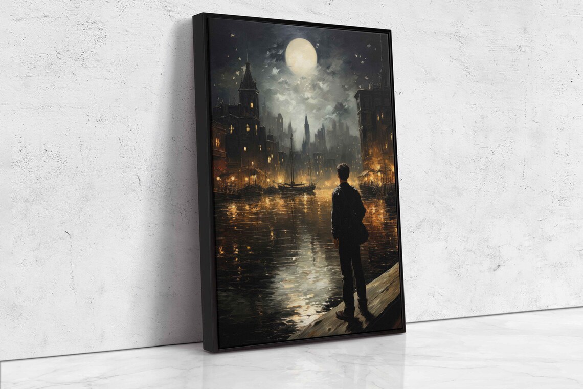 Moonlit Old Harbor City Night Sailboats Lonely Traveler Travel Poster - Image 4