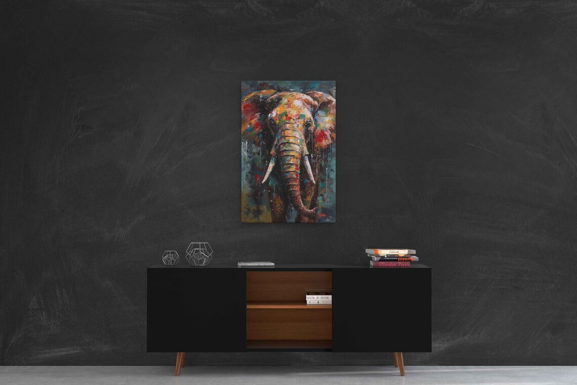 Colorful Elephant Head Portrait Ink Splash Textured Oil Painting Animal Poster - Image 3